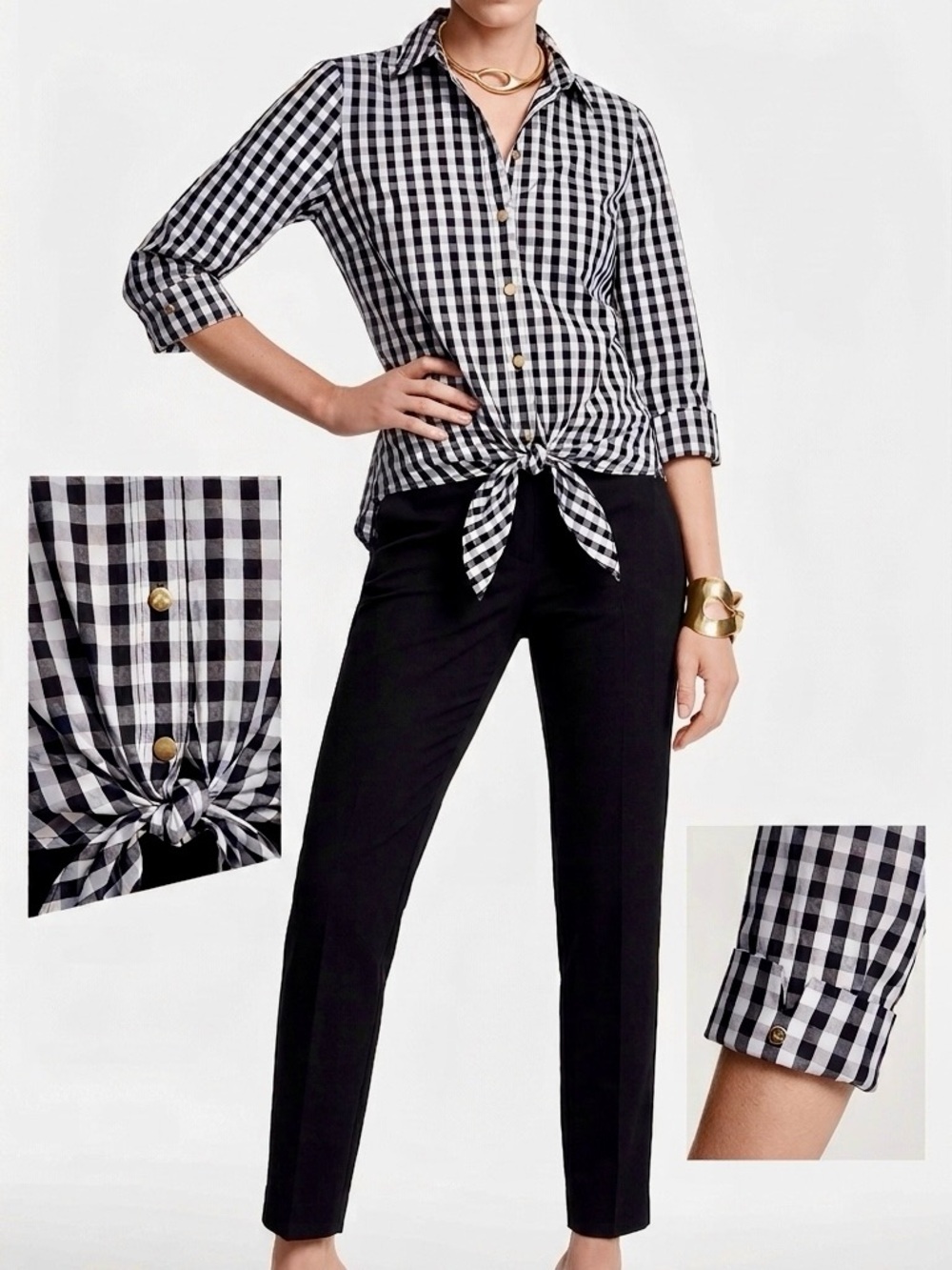 ANNE KLEIN Black & White Gingham Tie-Front Button-Down Shirt Womens Top